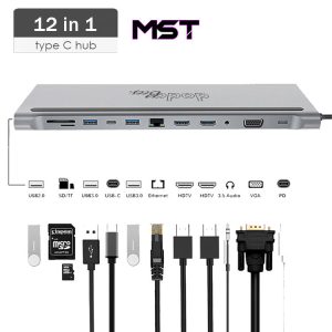 Dodobees 9212S 12 in-1 Alüminyum Type-C HUB USB-C Şarj Girişi 2*HDMI + 1*VGA + 2*USB-A 3.0 + 1*USB-A 2.0 1*USB-C 3.0 + 1*3.5MM Aux + 1*Kart Okuyucu