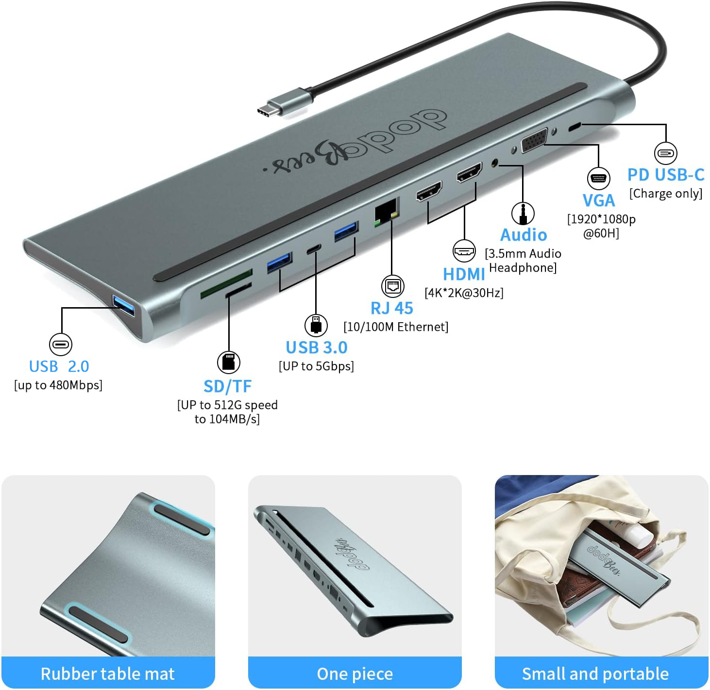 Dodobees 9212S 12 in-1 Alüminyum Type-C HUB USB-C Şarj Girişi 2*HDMI + 1*VGA + 2*USB-A 3.0 + 1*USB-A 2.0 1*USB-C 3.0 + 1*3.5MM Aux + 1*Kart Okuyucu - Görsel 2