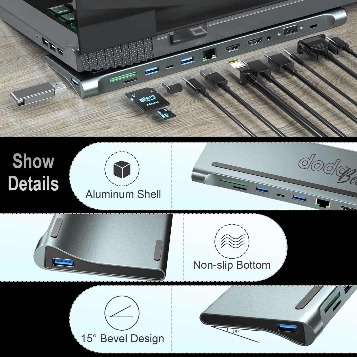 Dodobees 9212S 12 in-1 Alüminyum Type-C HUB USB-C Şarj Girişi 2*HDMI + 1*VGA + 2*USB-A 3.0 + 1*USB-A 2.0 1*USB-C 3.0 + 1*3.5MM Aux + 1*Kart Okuyucu - Görsel 3