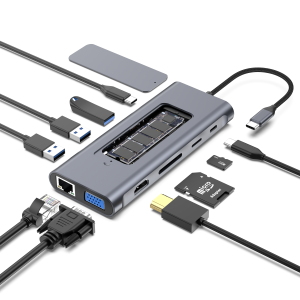 Dodobees 9211C 11 in-1 Alüminyum Type-C HUB USB-C Şarj Girişi (Max100W) 1*HDMI 4K@30Hz 1*VGA 1080P 1*M.2 SSD NVMe Veri Aktarımı (10 Gbps) Kart Okuyucu